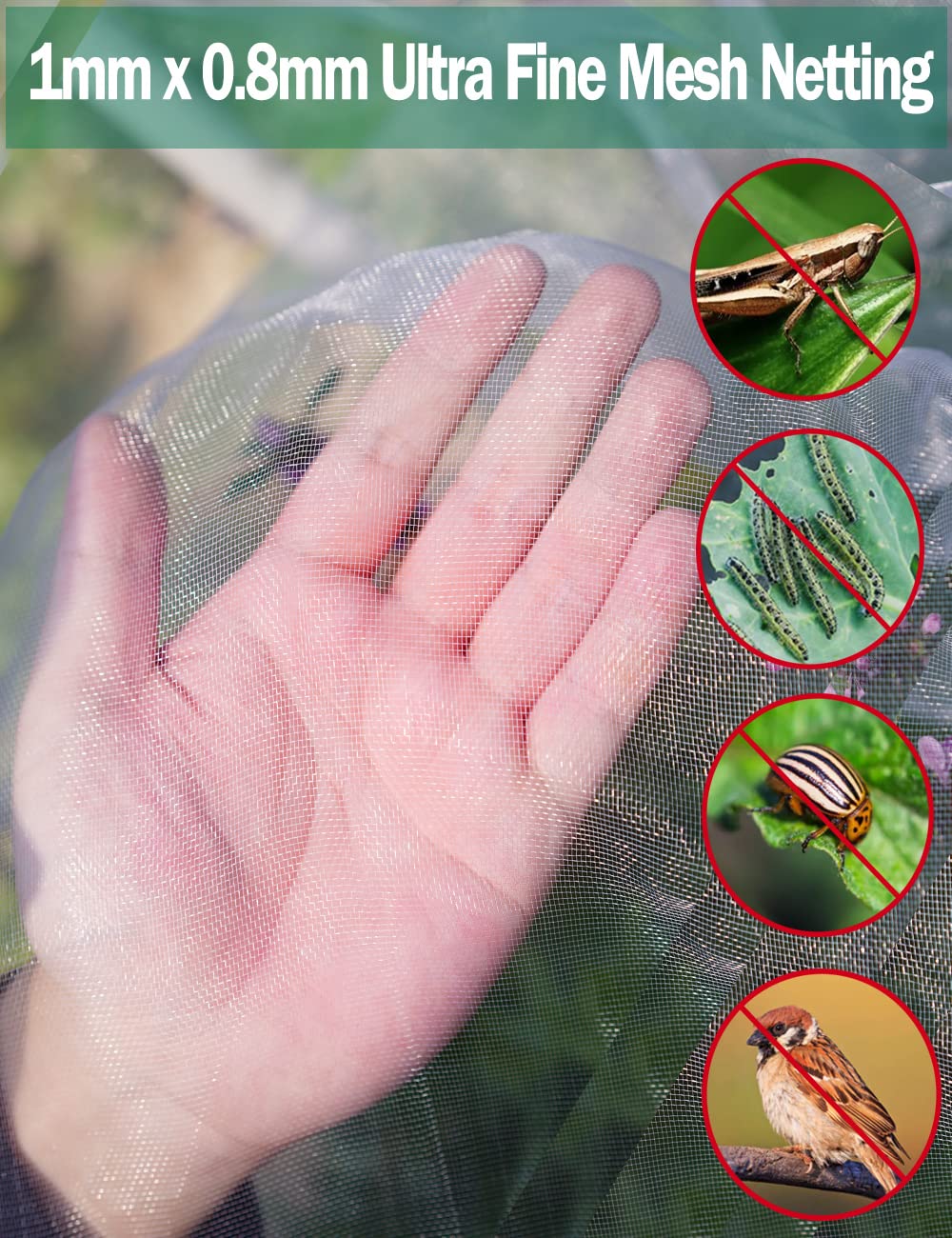 Garden Insect Mesh Netting 6.6ft x 32ft (2m x 10m), Wohohoho 1mm Ultra Fine Mosquito Netting Bug Netting Bird Netting Insect Barrier, 60 Mesh per Inch Plant Cover for Gardening Vegetables Fruits Tree