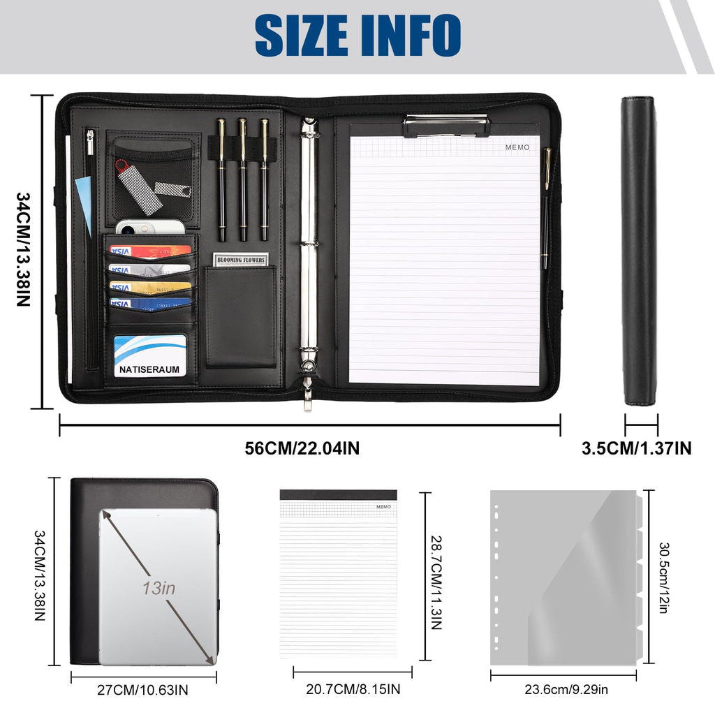 NATISERAUM Padfolio with Handle, Portfolio Binder 3-Ring, Zipper Binder for Business School, Vegan Leather Portfolio for Students with Notepad Includes 5 Sheet Protectors for Documents Files and 1 Pen