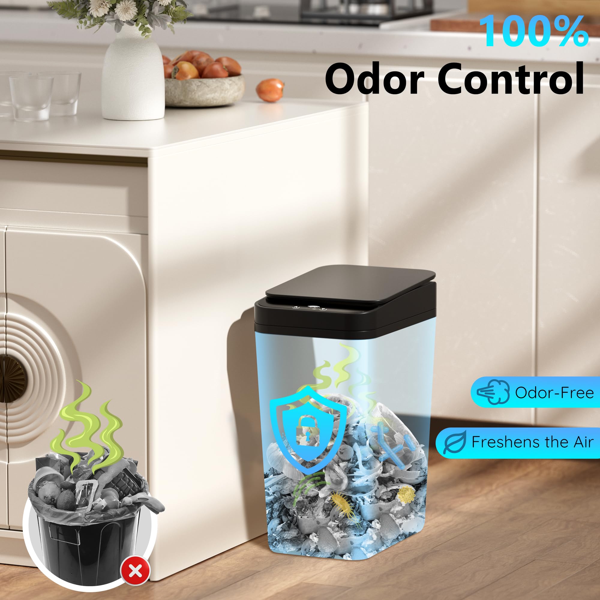 Bathroom Trash Can with Lid Touchless Automatic Garbage Can, 2.6 Gallon Slim Waterproof Motion Sensor Smart Trash Can, Small Plastic Trash Bin for Bedroom, Living Room