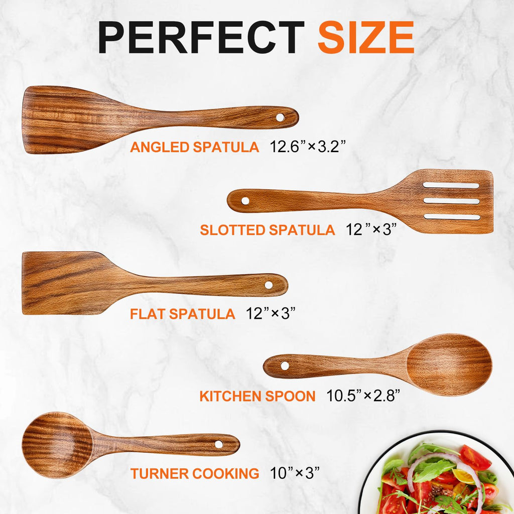 5 Pcs Best Wooden Spoons for Cooking Kitchen Utensils Set Non Stick Spoon Acacia Wood Utensil Cooking Spatula Turner Slotted Spoon Flat Wooden Spatula Set Mixing Cooking Spoons Kitchen Utensils