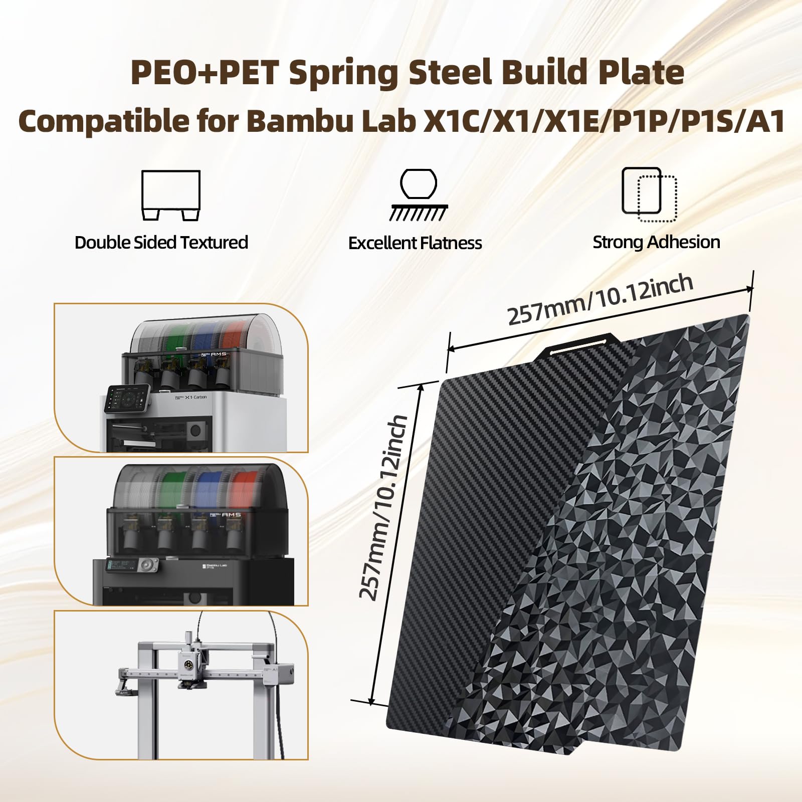 IdeaFormer-3D for Bambu lab 3D Printer PEO PET Build Plate for Bambu Lab X1C/X1/X1E/P1P/P1S/A1, Diamond PEO+Carbon Fiber PET Spring Steel Plate 257x257mm Double Sided Flexible Sheet Removable Platform