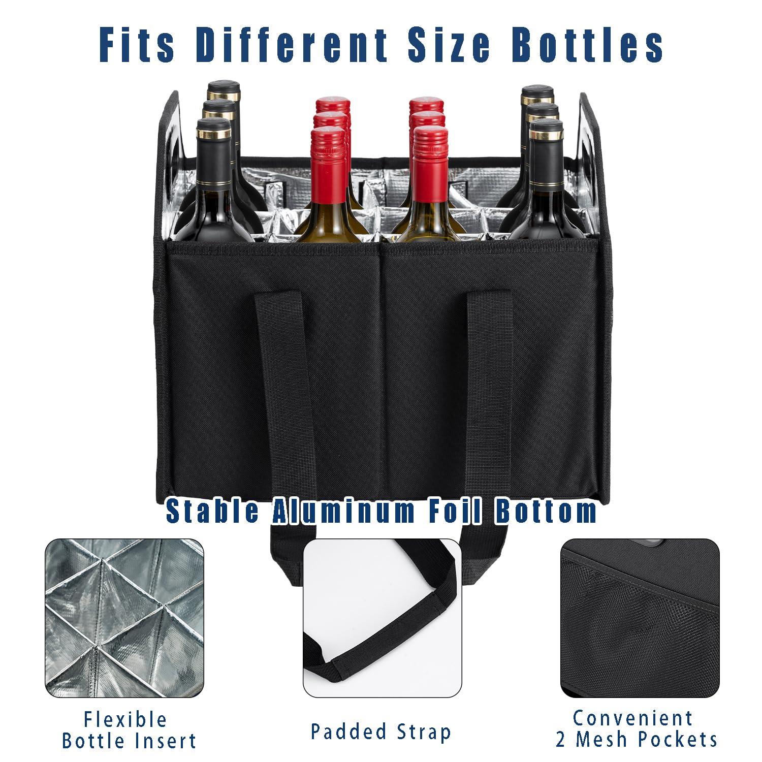 LUILANC Collapsible 12 Bottle Wine Carrier - Reusable Portable Storage Box for Tote Bag, Moving, Vacation, Bottle Caddy, Grocery Shopping, Wine Tasting (Black)