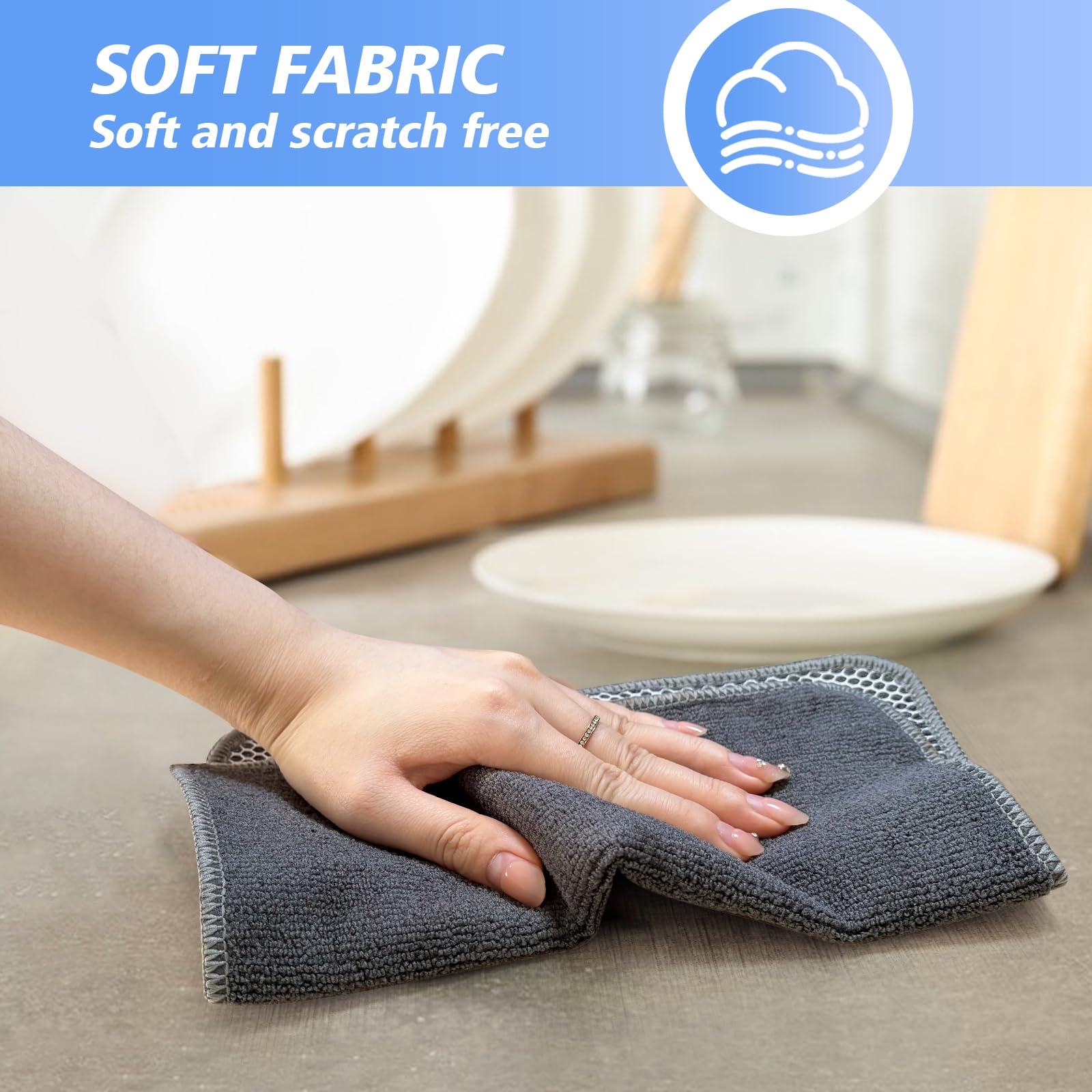 KinHwa Microfiber Dish Cloths Super Absorbent Kitchen Wash Cloth Dish Rags for Washing Dishes Fast Drying Cleaning Cloth with Scrub Side (Grey, 10inch X10inch 9Pack)