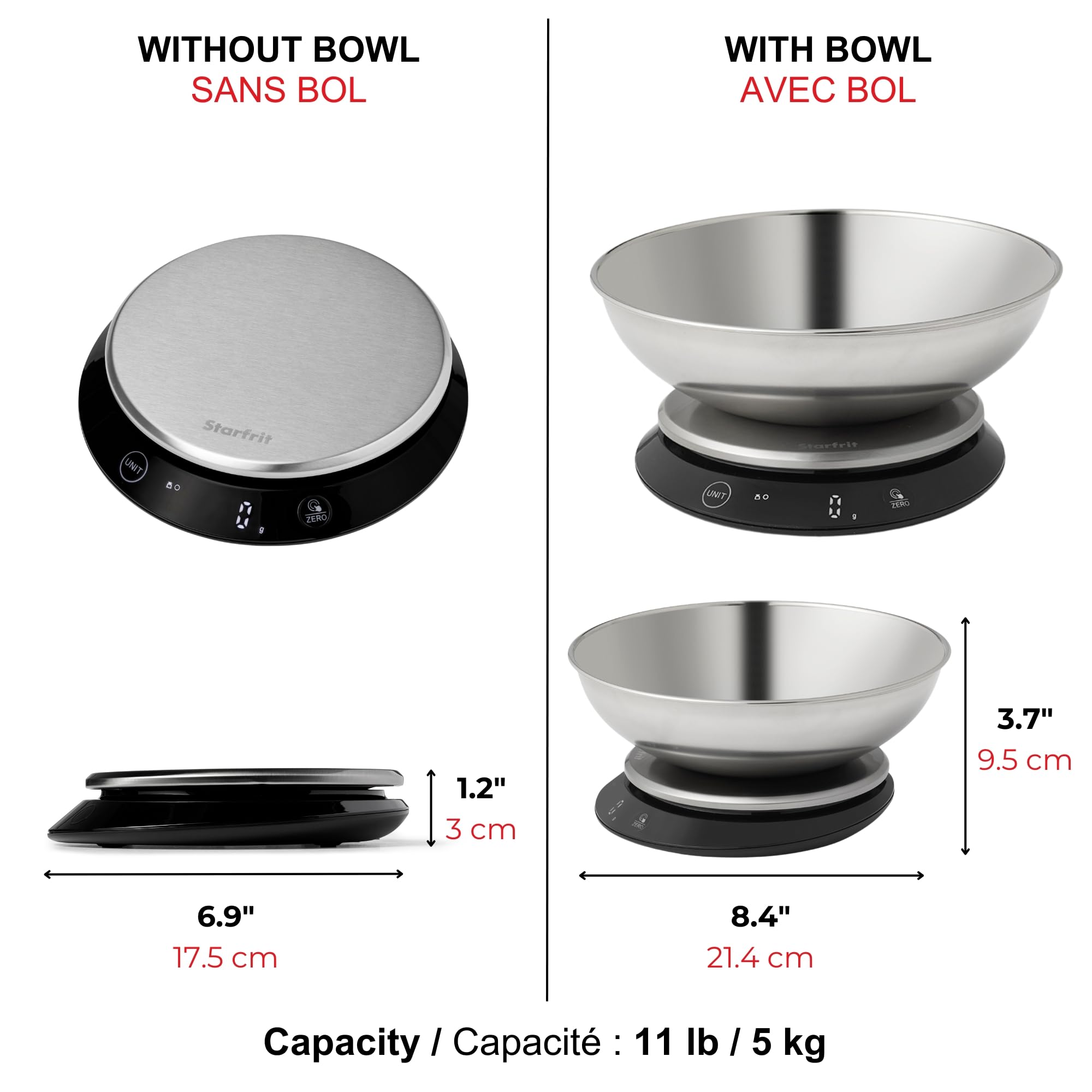 Starfrit Digital Baking Kitchen Scale - Stainless Steel Removable Bowl - 11 lb / 5 kg Capacity - Black
