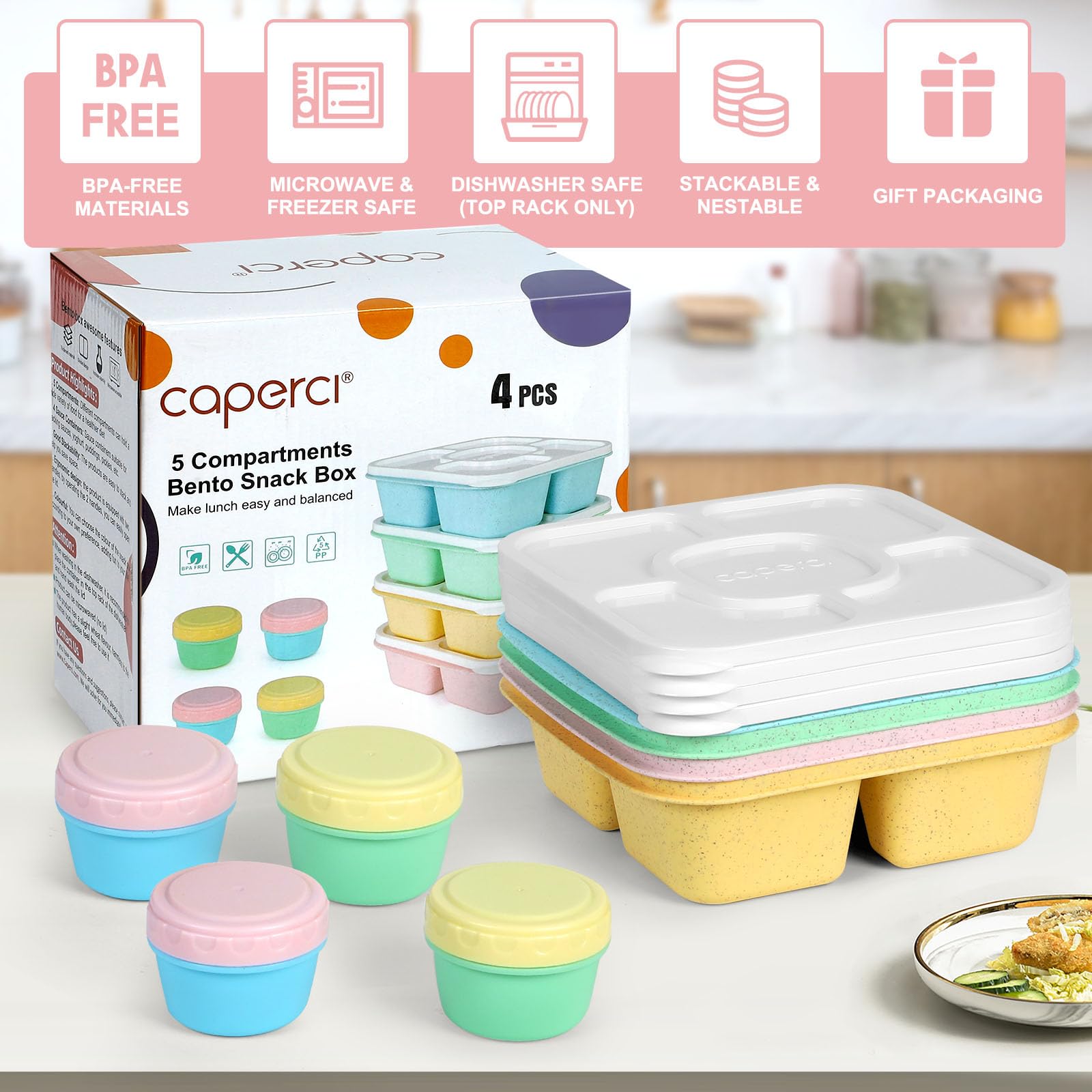 Caperci Original Lunchable Snack Containers for Kids & Adults - 5 Compartments Bento Snack Boxes with 4 Leakproof Small Containers, Wheat Straw, BPA-Free, Set of 4 (Vintage Colors)