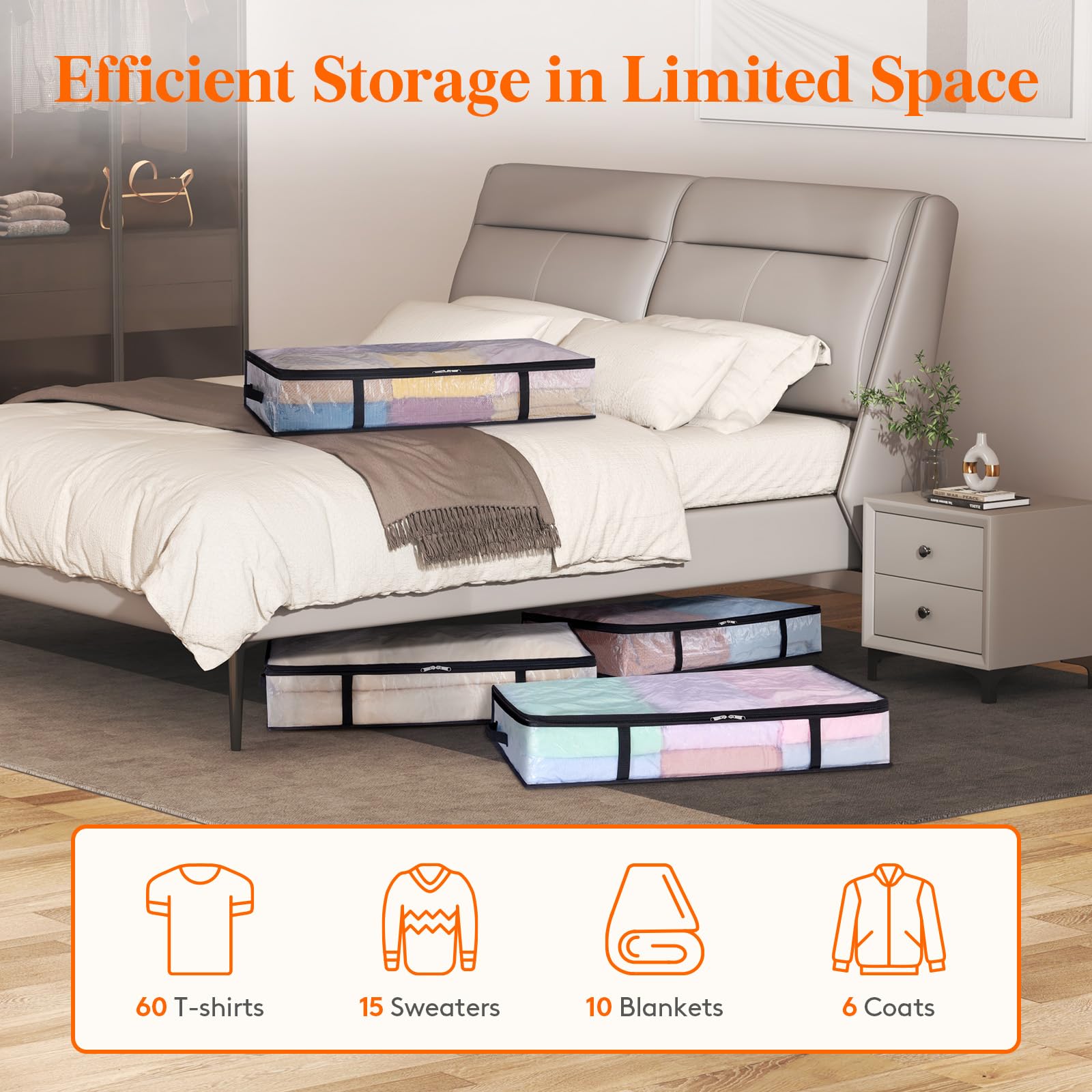 Lifewit 4 Pack Under Bed Storage, Large Clear Plastic Storage Bags, Clothes Storage Boxes Wardrobe Storage Organizer with Reinforced Handle Durable PP Fabric for Bedding Clothes Blanket, 60L