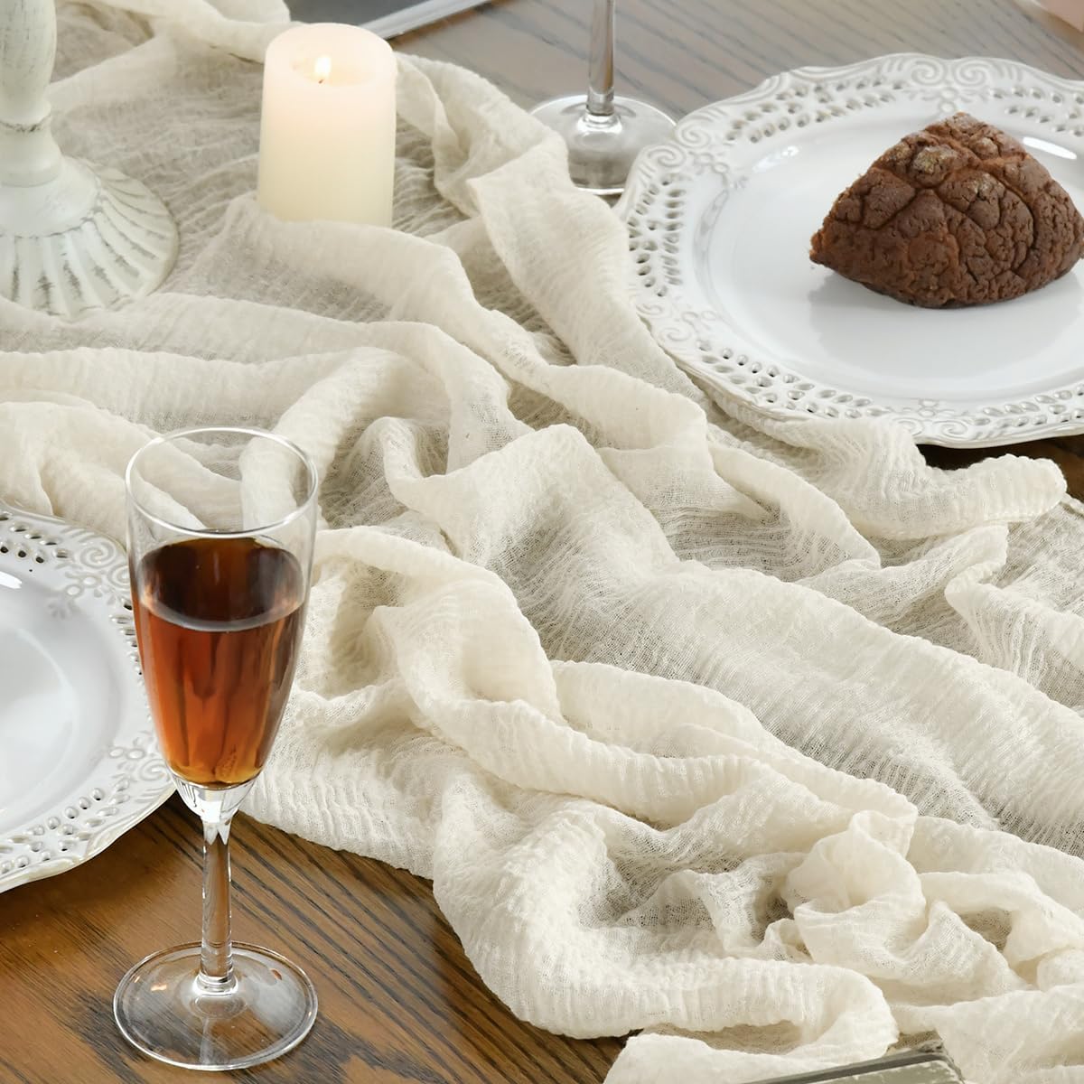 Artoid Mode Boho Beige Gauze 6 Pieces Wedding Table Runner, 300 cm Birthday Fabric Kitchen Dining Holiday Table Decor for Home Party Indoor