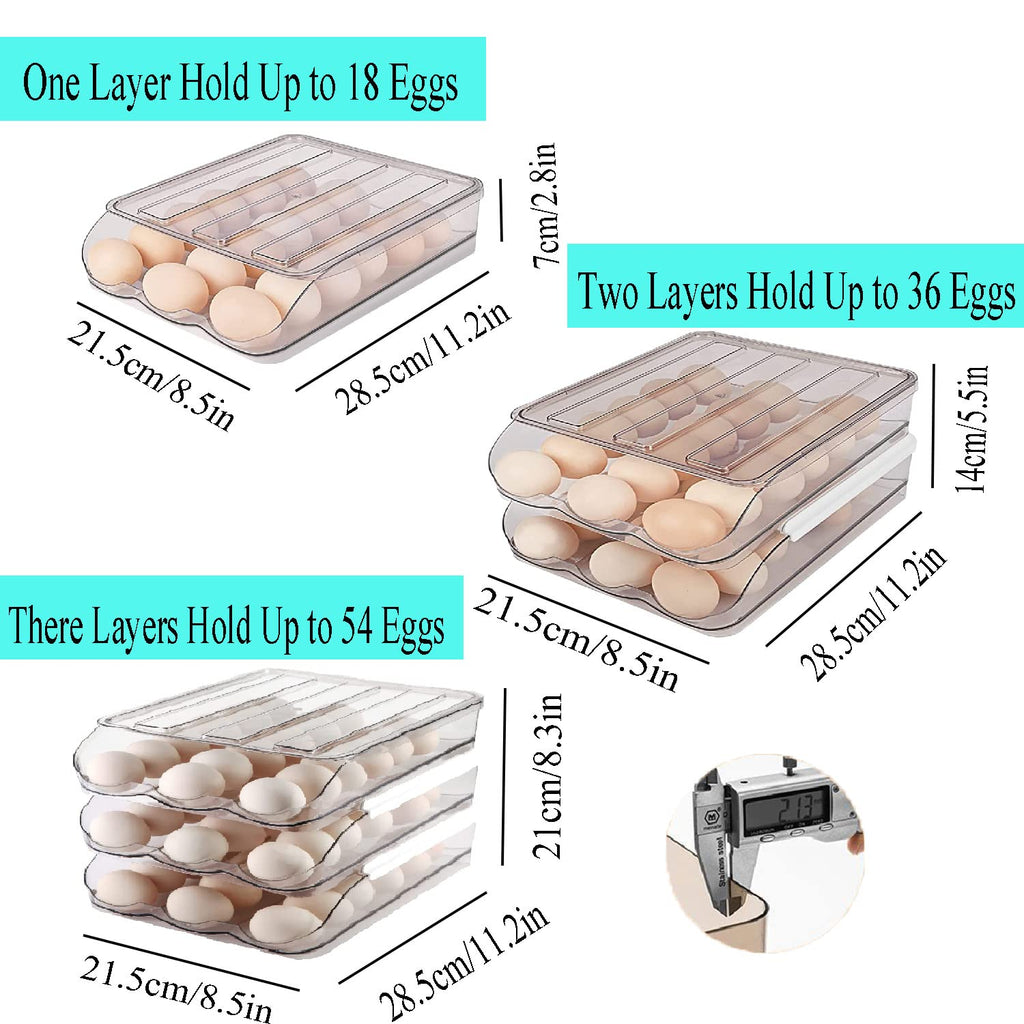 2-Tier Auto Rolling Egg Storage Container for Refrigerator, Clear Plastic Egg Tray with Lids, Large Capacity Kitchen Fridge Organizer Bin for 36 Eggs