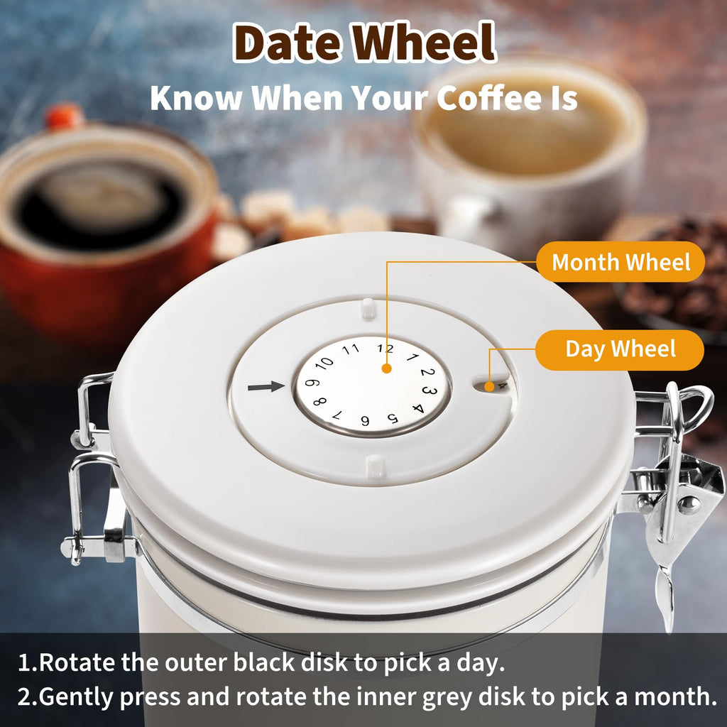 Olyzer Stainless Steel Coffee Canister 22 oz, Airtight Coffee Storage Container with Scoop, Date Tracker & CO2 Releasing Valves, for Grounds and Beans, White