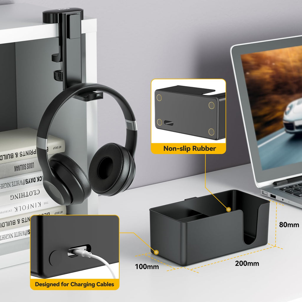 KDD 4 in 1 Desk Organizer - Under Desk Headphone Hook with 2 Wire Holes - Rotating Headphone Hanger and Detachable Storage for Cup, Phone and Pen(Black)