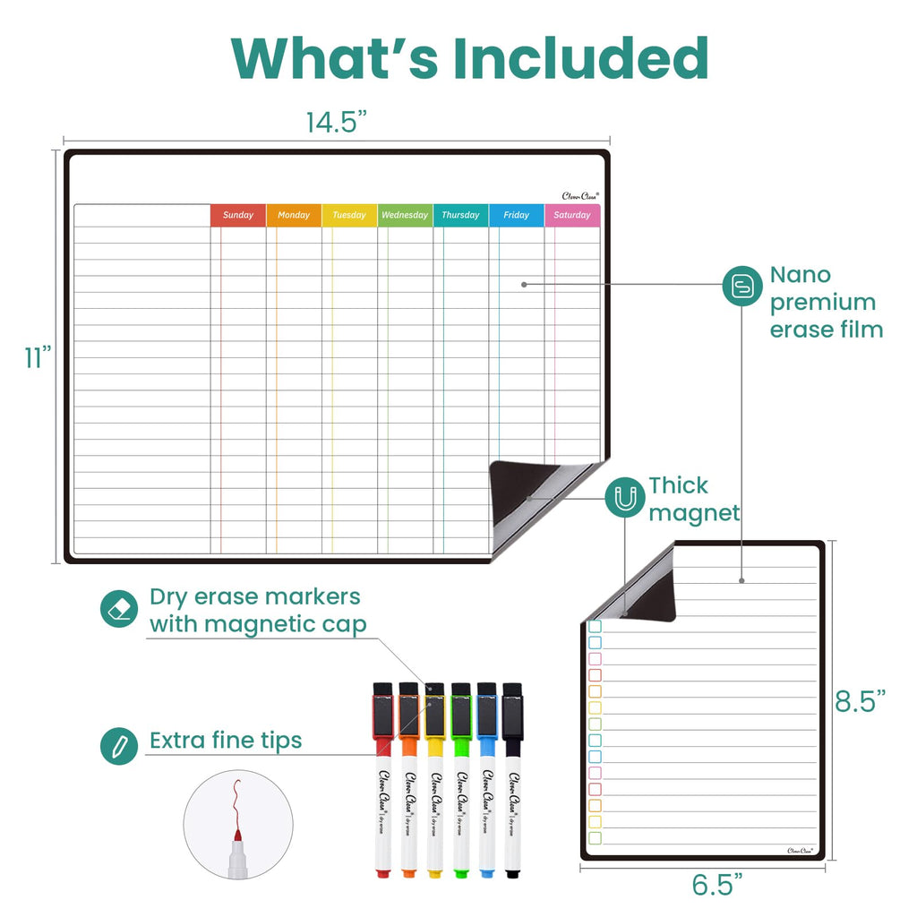 Magnetic Dry Erase Chore Chart - 14.5"x11" Chore Board, 6.5"x8.5" List Board for Fridge - 6 Extra Fine Point Markers Included - Shipped Flat