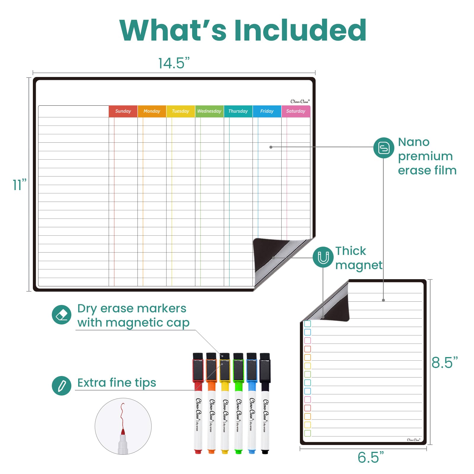 Magnetic Dry Erase Chore Chart - 14.5"x11" Chore Board, 6.5"x8.5" List Board for Fridge - 6 Extra Fine Point Markers Included - Shipped Flat