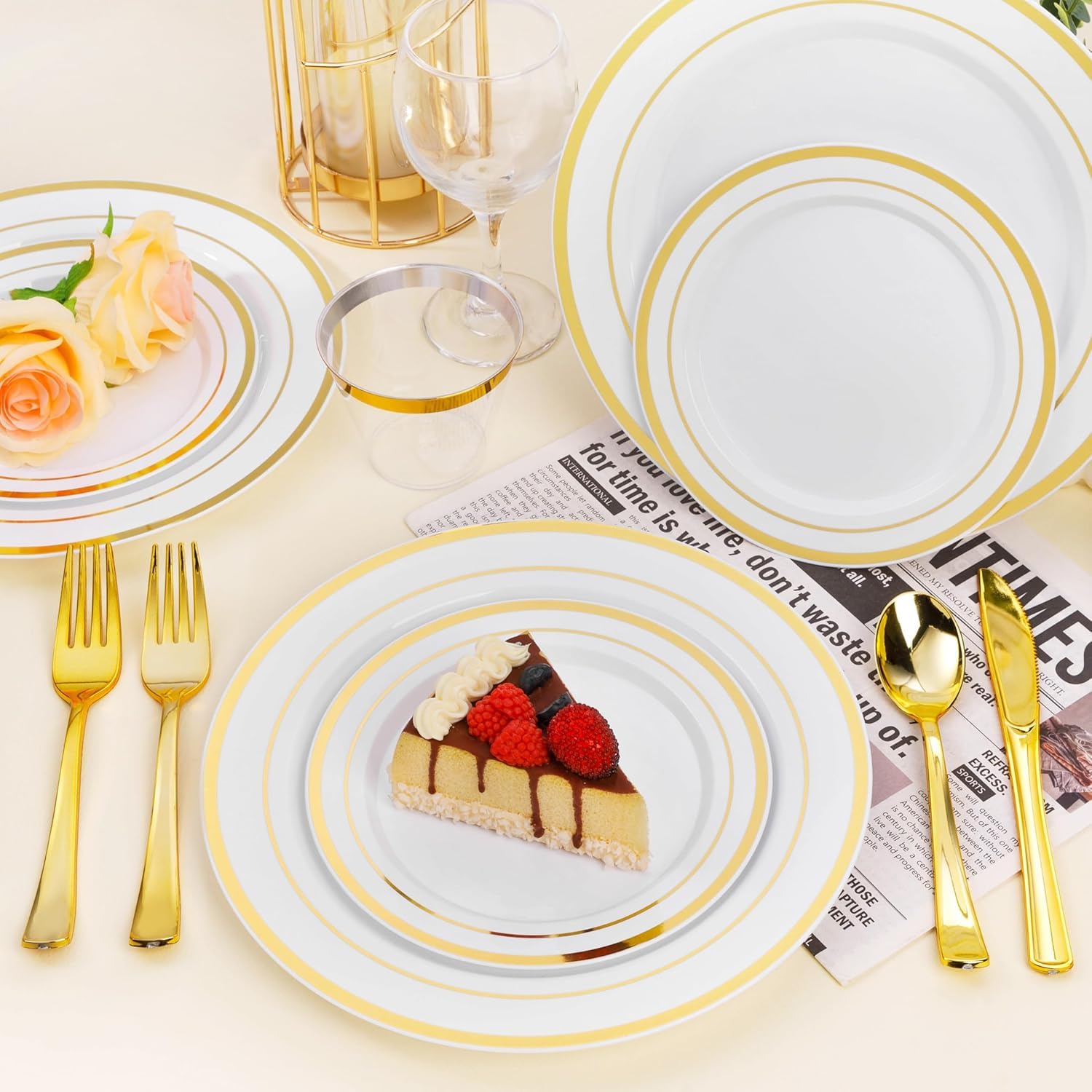 Goodluck 50PCS Gold Plastic Plates, 10.25 Inch Disposable Dinner Plate Party with Gold Rim, Heavy Duty Disposable Plastic Plates for Party, Wedding and Birthday