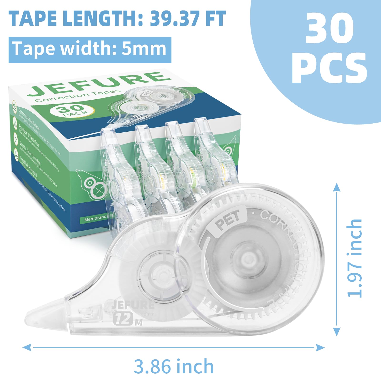 JEFURE 30 Pcs 39.4 Ft Correction Tape, Tear-Resistant Tape Bulk for School, Office, Note Taking, Journal (Tape Width 0.2 in, Clear)