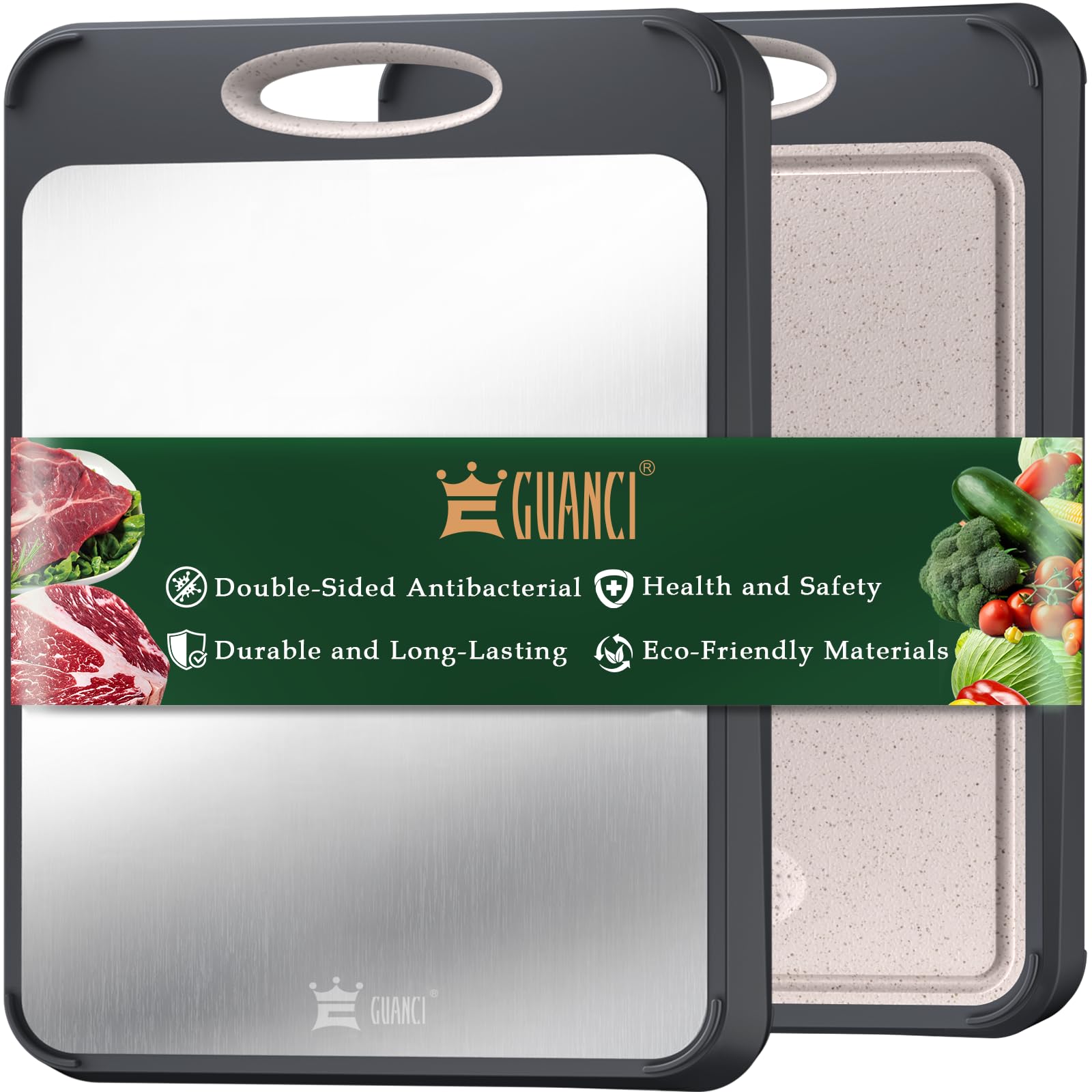 GUANCI Cutting Board for Kitchen Double Sided 304 Stainless Steel Chopping Board Food-Grade Stainless Steel and Wheat Straw PP Large Size 16”×11” Easy to Clean