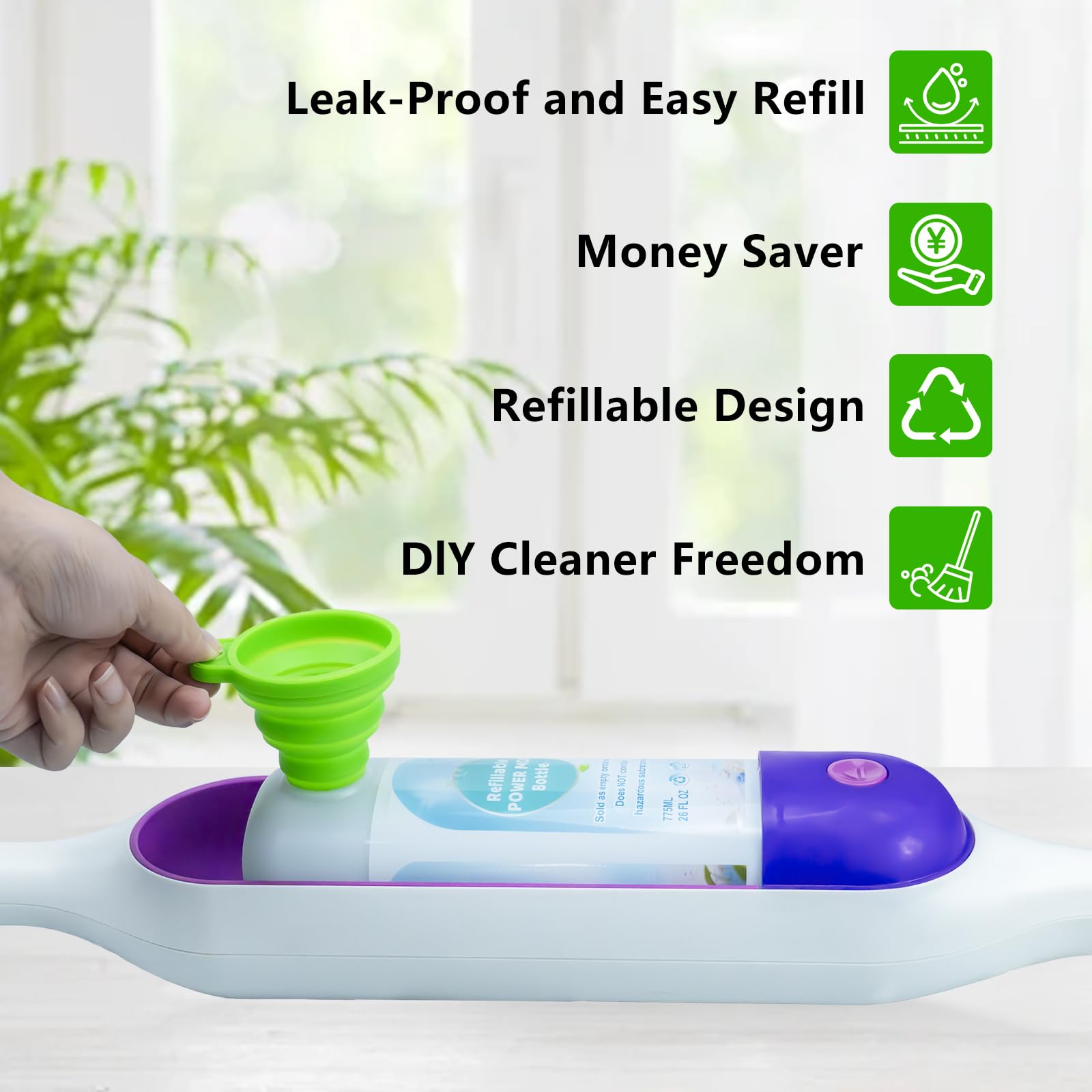 Power Mop Refillable Bottle for Swiffer PowerMop, Empty Reusable Bottle for Power Mop, 26 FL OZ Leak-Proof HDPE Solution Container with 5 Silicone Gaskets & Folding Funnel
