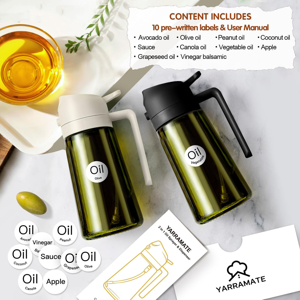 YARRAMATE 2PCS 16oz/470ml 2 in 1 Light Blockage Dark Oil Sprayer for Cooking, Food-Grade Green Glass Olive Oil Dispenser Bottle for Kitchen, Air Fryer, BBQ (Black & Green)