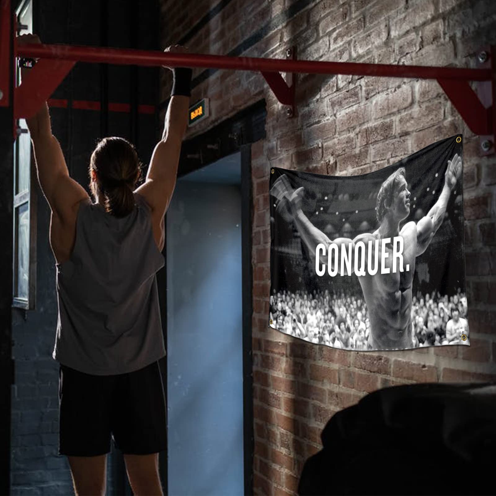 Arnold Schwarzenegger Conquer Motivational Inspirational Office Gym Wall Decor Flag Banner，3x5 Feet Flag Funny Poster Durable Man Cave Wall Flag with Brass Grommets This beautiful entertaining banner flag for College Dorm Room Decor,Outdoor,Parties gifts