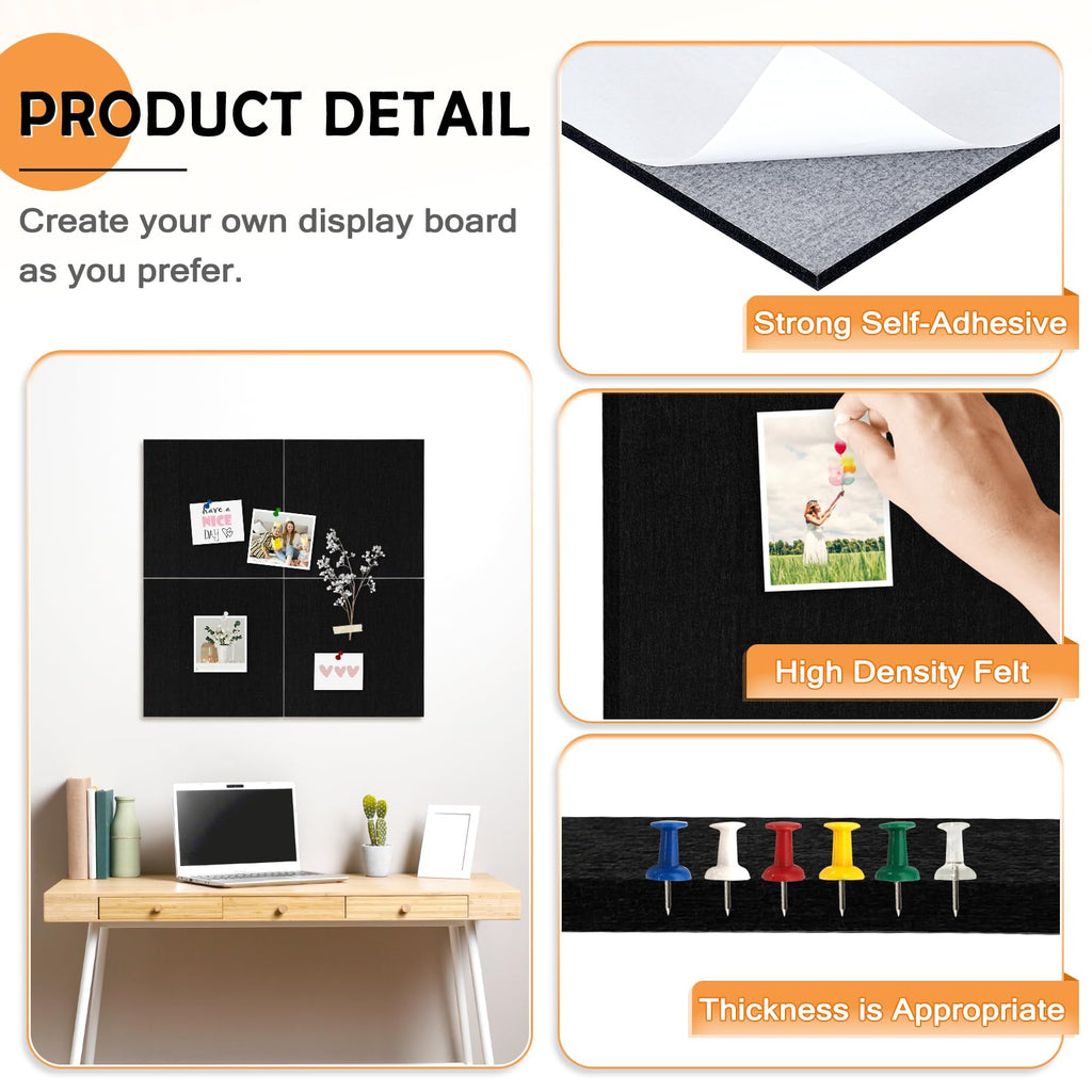 AMUSIGHT Large Cork Board Tiles, 4 Packs 12" x 12" 1/2" Thick Cork Bulletin Board Felt Board Self Adhesive Cork Boards for Walls Home Office Kitchen School, 40 Push pins, Black