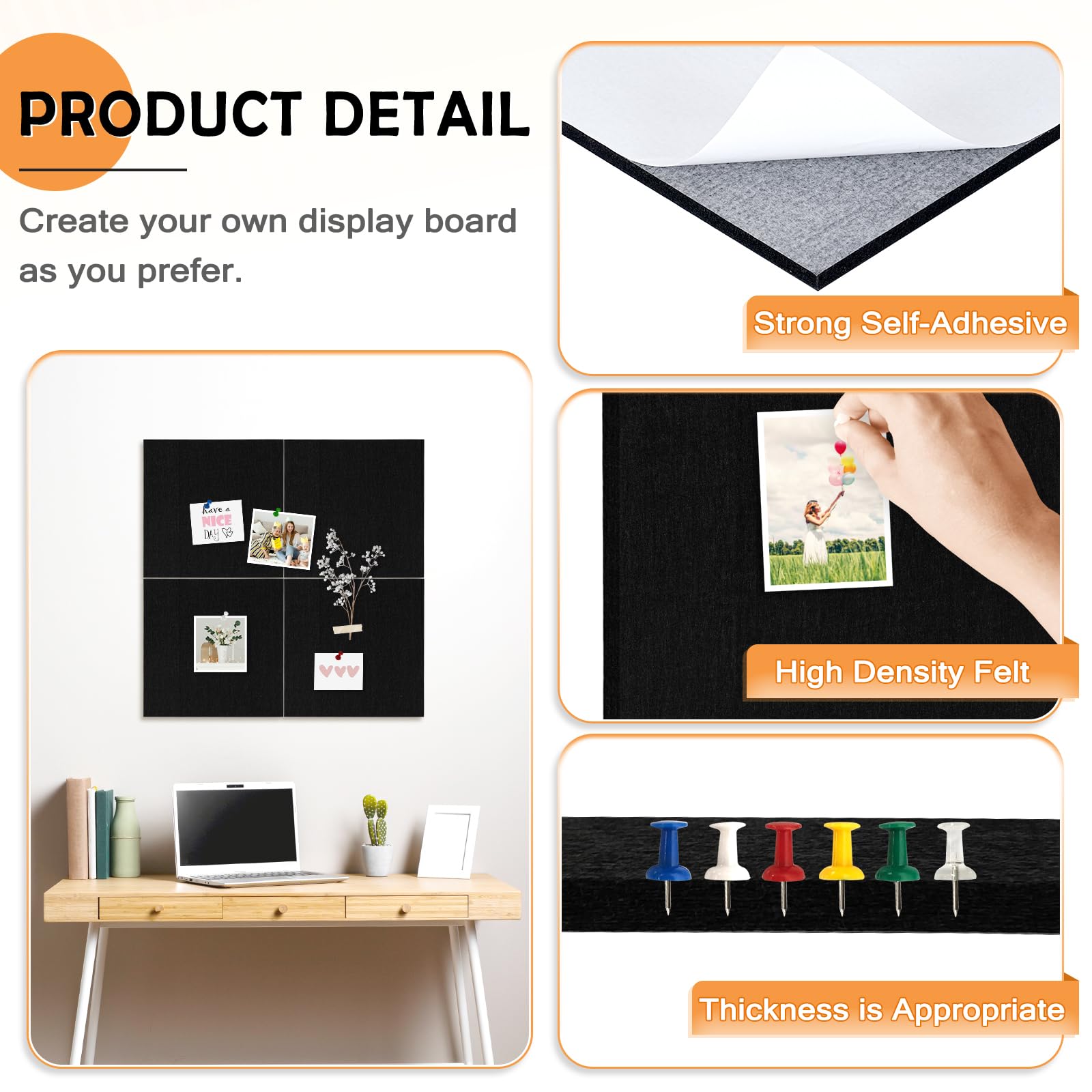 AMUSIGHT Large Cork Board Tiles, 4 Packs 12" x 12" 1/2" Thick Cork Bulletin Board Felt Board Self Adhesive Cork Boards for Walls Home Office Kitchen School, 40 Push pins, Black