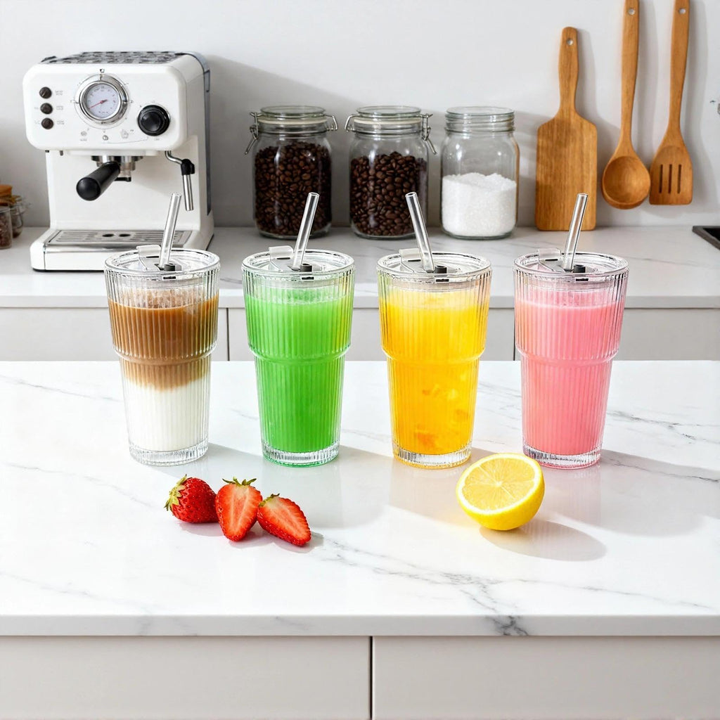 Ribbed Glass Tumbler with Lid and Straws, Resuable Ice Coffee Cups, to Go Drinking Glasses for Water, Smoothie, Matcha, Iced Tea Fruit Juice, Hot and Cold Beverages, Clear, 20oz, Set of 2