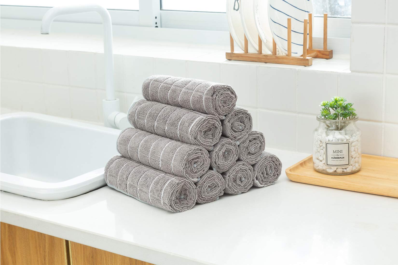 Microfiber Dish Towels - Soft, Super Absorbent and Lint Free Kitchen Towels - 8 Pack (Lattice Designed Gray Colors) - 26 x 18 Inch