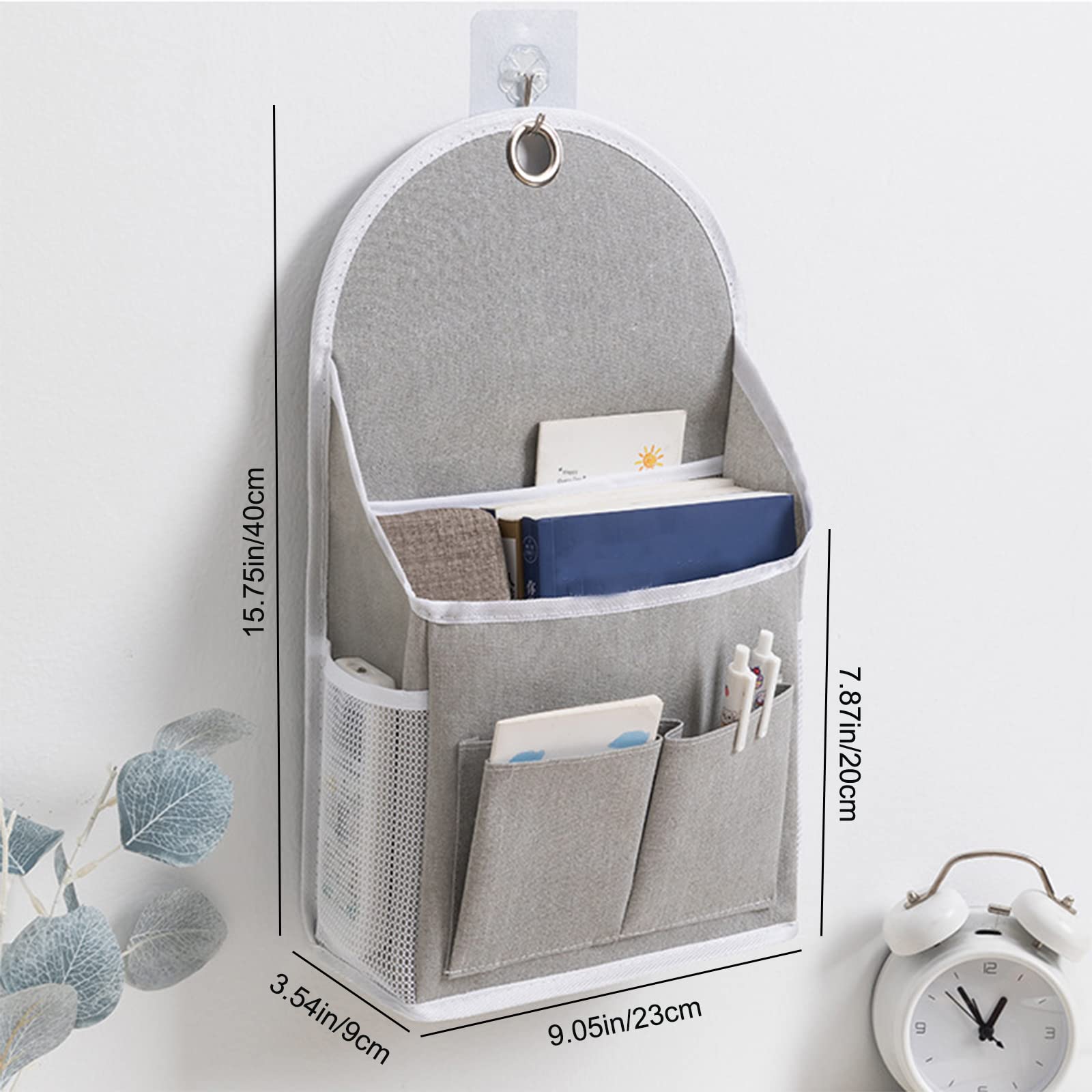 Tneene 2 Pack Wall Hanging Storage Bags, Hanging Pocket Linen Cotton Wall Basket with 4pcs Sticking Hook, Over Door Hanging Closet Organizer Box Containers for Bedroom Bathroom Dormitory (2Pcs Grey)