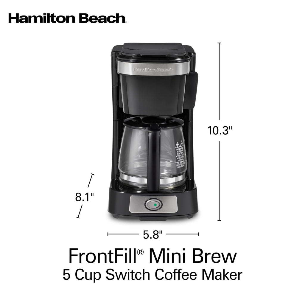 Hamilton Beach FrontFill Mini Brew 5 Cup Coffee Maker, Compact Drip Coffee Maker with Glass Carafe, Auto Pause & Pour, Illuminated On/Off Switch, Black (46112)