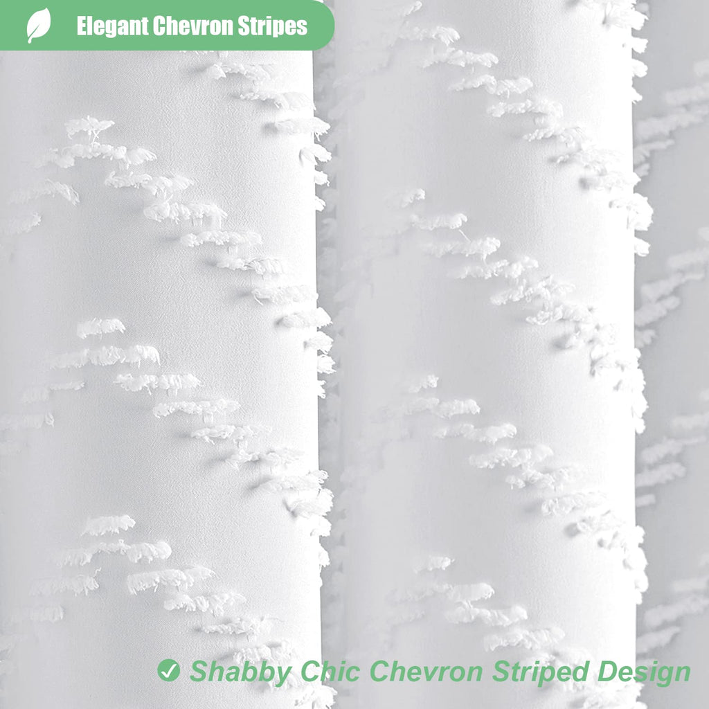 Dynamene Boho Farmhouse Shower Curtain, White Fabric Tufted Chevron Striped Textured Tassel Shower Curtains for Bathroom, Water Repellent, Minimalist Ruffled Cloth Shower Curtain Set with Hook, 72x72