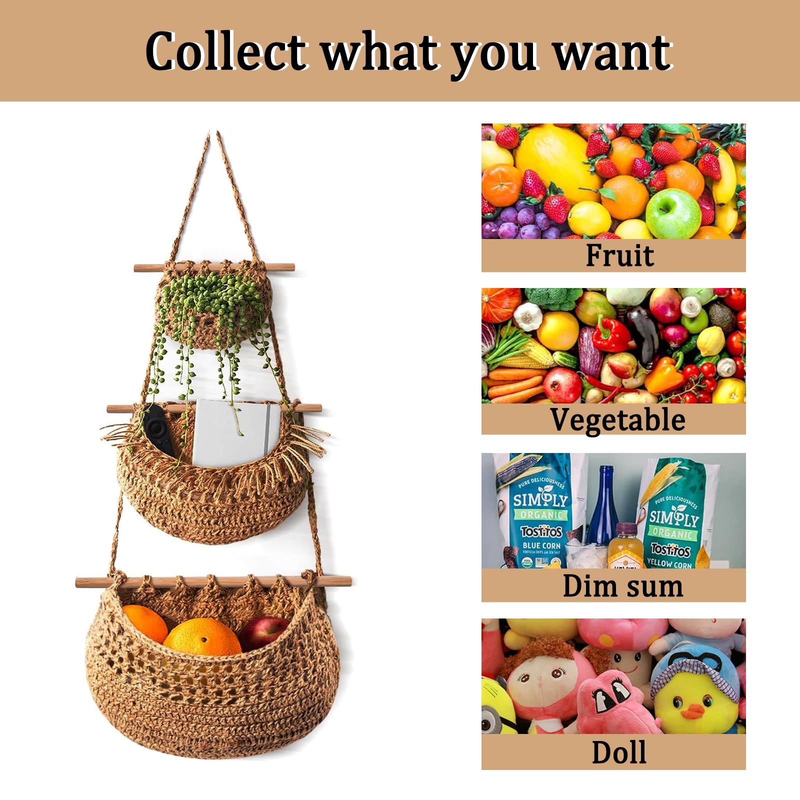 FEISHIONG 3 Tier Cotton Woven Boho Fruit & Veggie Hanging Basket,Wall Mounted Storage Planter for Kitchen,Bedroom & Over the Door Organizer,Eco-Friendly, Durable & Stylish Home Deco