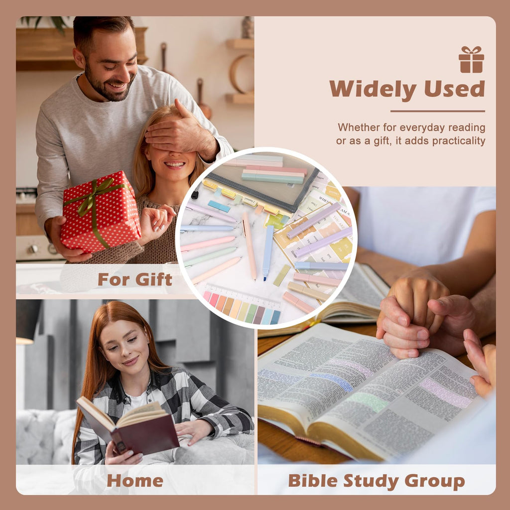 34 Pcs Bible Journaling Kit Bible Study Supplies with 75 Bible Tabs 12 Pastel No Bleed Highlighters 6 Gel Pens Transparent Sticky Notes Pencil Case Bible Study Accessories Kit for Journaling Supplies
