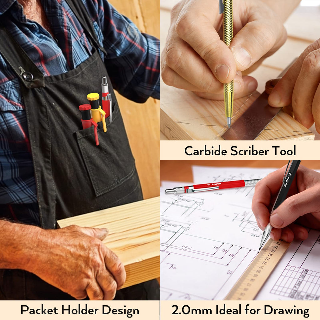 Nicpro 18 Pack Carpenter Pencil Set with Sharpener, Mechanical Carpenter Pencil 76 Refills(Black Red Yellow) & Carbide Scribe Tool, Deep Hole Markers Construction Heavy Duty Woodworking for Architect