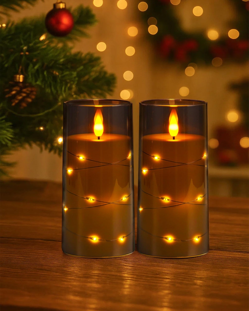AMAGIC Flameless Pillar Candles Built-in String Lights, Battery Candle Flickering with Remote Timer, Fake LED Candles for Home Wedding Festival Decoration, 2 Pack Gray 3" x 6"