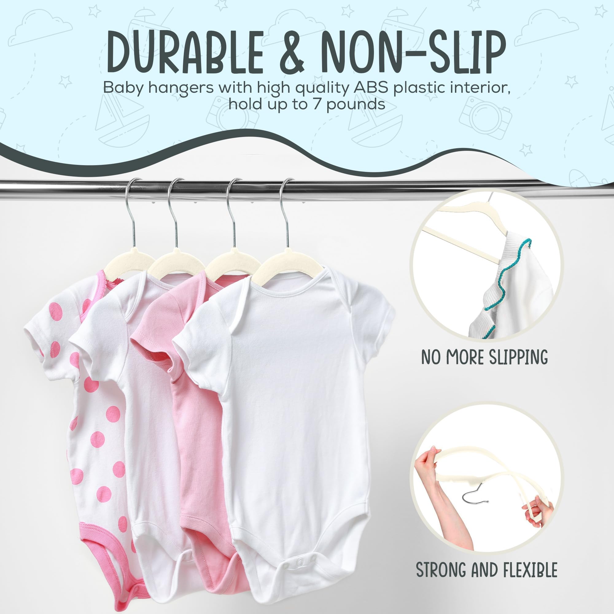Techzoo Premium Baby Velvet Hangers 50 Pack – 11.8" Non Slip Felt Cloth Hangers for Closet – Ultra Slim, Space Saving Baby Clothes Hangers with 360° Swivel Hook Infant Hangers – Ivory