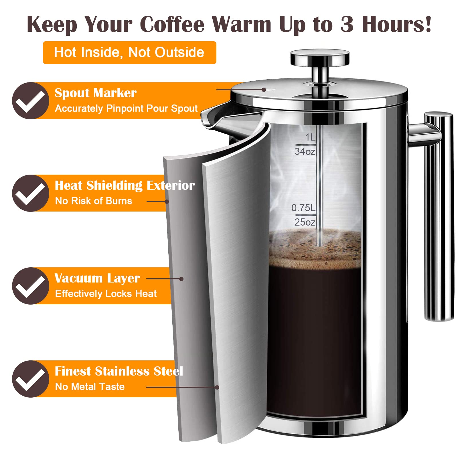 French Press Coffee Maker, Double Insulated 304 Stainless Steel Coffee Tea Maker 4 Level Filtration System, No Coffee Grounds, Rust-Free, Dishwasher Safe
