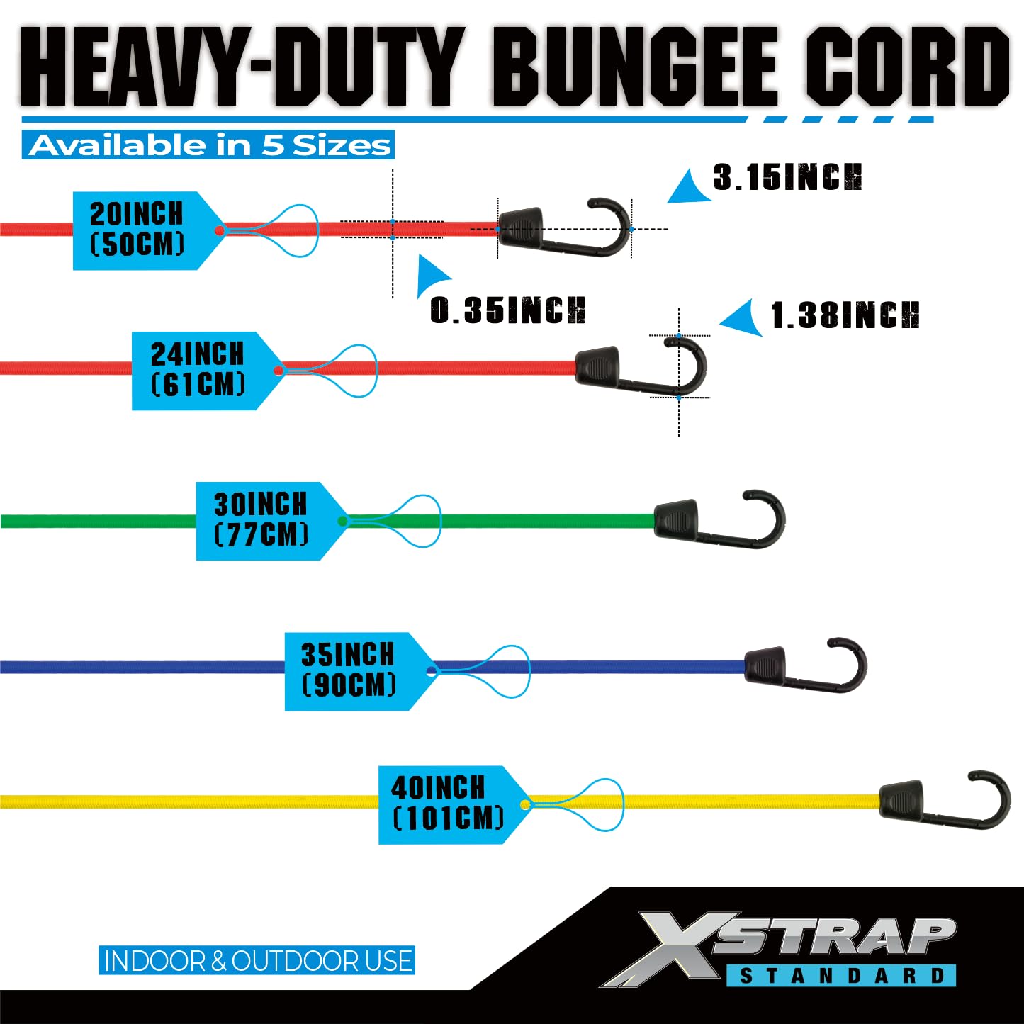 XSTRAP STANDARD 20 Pieces Premium Bungee Cords Assortment - Includes 20”, 24”, 30”, 35”, 40” Bungee Cords with Hooks