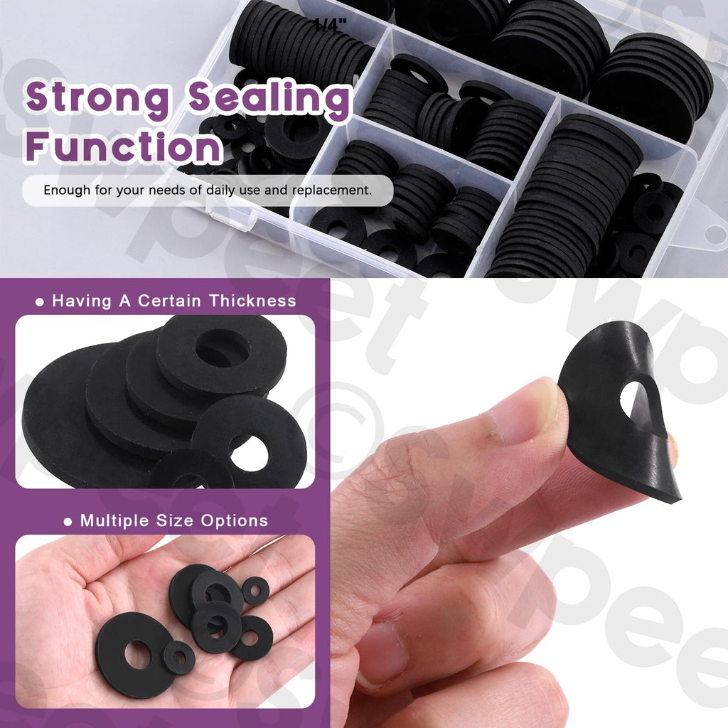 Swpeet 175Pcs 7 Sizes Flat Rubber Washers Assortment Kit, 10/12/16/18/20/25/30mm Heavy Duty Black Rubber Grommet Vibration Damping Pads, Rubber Bushing Gasket Kit for Appliances Faucets Screws Bolts