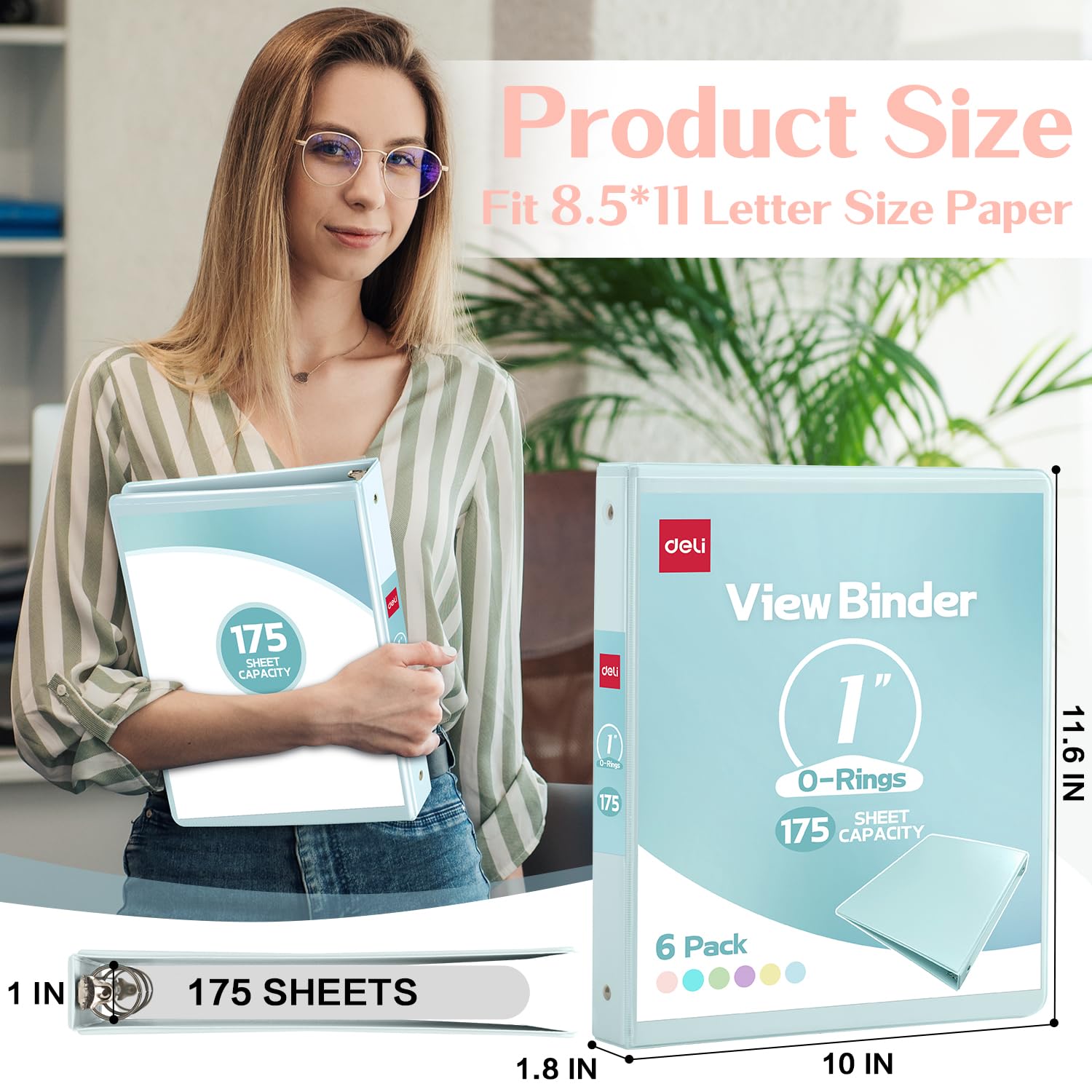 Deli 1-inch 3 Ring Binder with 2 Interior Pockets, 175 Sheets Capacity, 1 inch Binders fits 11" x 8.5" US Letter Size, Assorted 6 Pastel Colors, 6 Pack