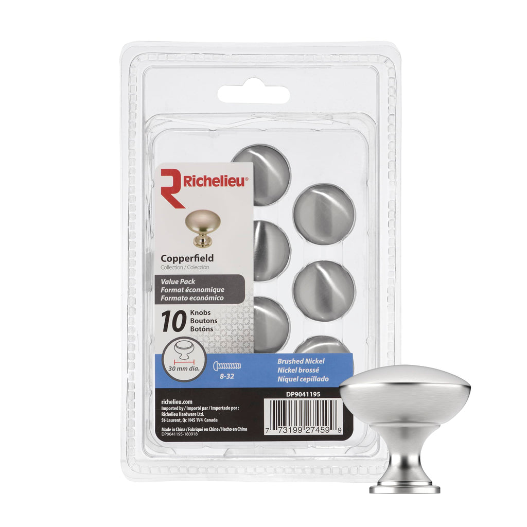 Richelieu Hardware DP9041195 (10-Pack) Copperfield Collection 1 3/16-inch (30 mm) Brushed Nickel Modern Cabinet and Drawer Knob for Kitchen, Bathroom, and Furniture