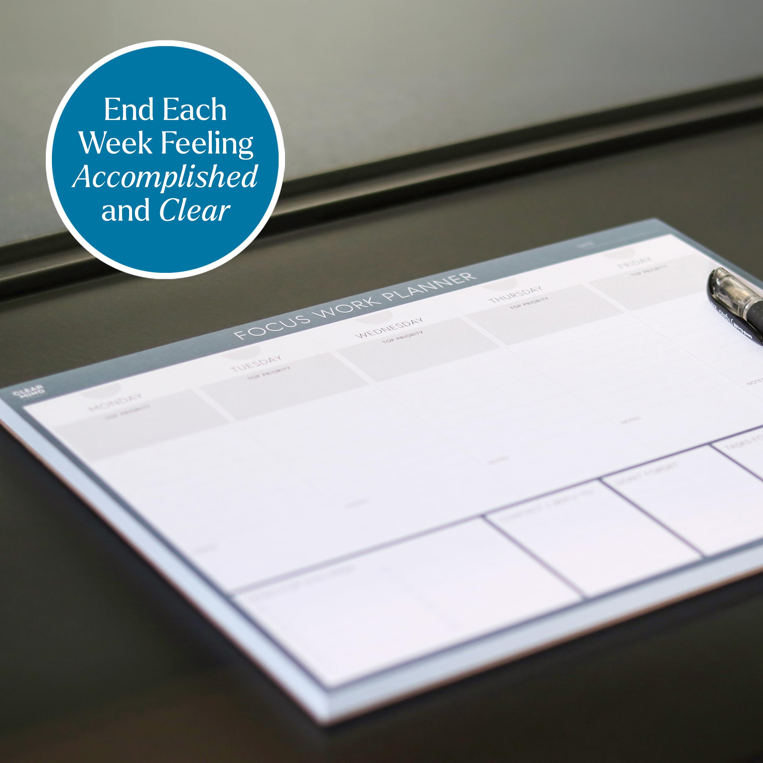 Clear Mind Concepts® Focus Work Planner Pad - A4 Weekly Productivity Desk Pad, 52 Undated Tear-Off Sheets (29.7 × 21cm) - Track Priorities, Tasks, Notes & Goals for Office, School & Home