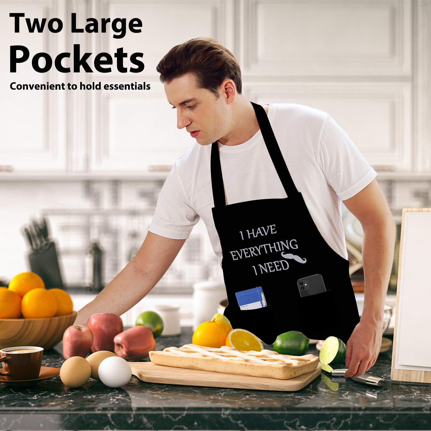 Apron Couples, Christmas Gifts for Couples: Waterproof Aprons for Women Men, with Adjustable Neck Strap with Extra Long Ties, 2 Pockets (Black)