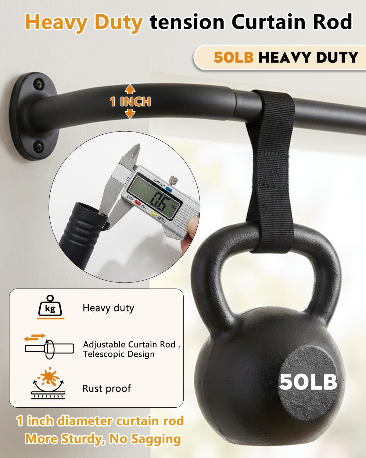 ASULUPHY Blackout Curtain Rod 32-90 In, Wrap Around Window Curtain Rods, 1 Inch Diameter Adjustable Door Curtain Rod, Long Curtain Rod with Brackets, Heavy Duty Drapery Rod for Bedroom