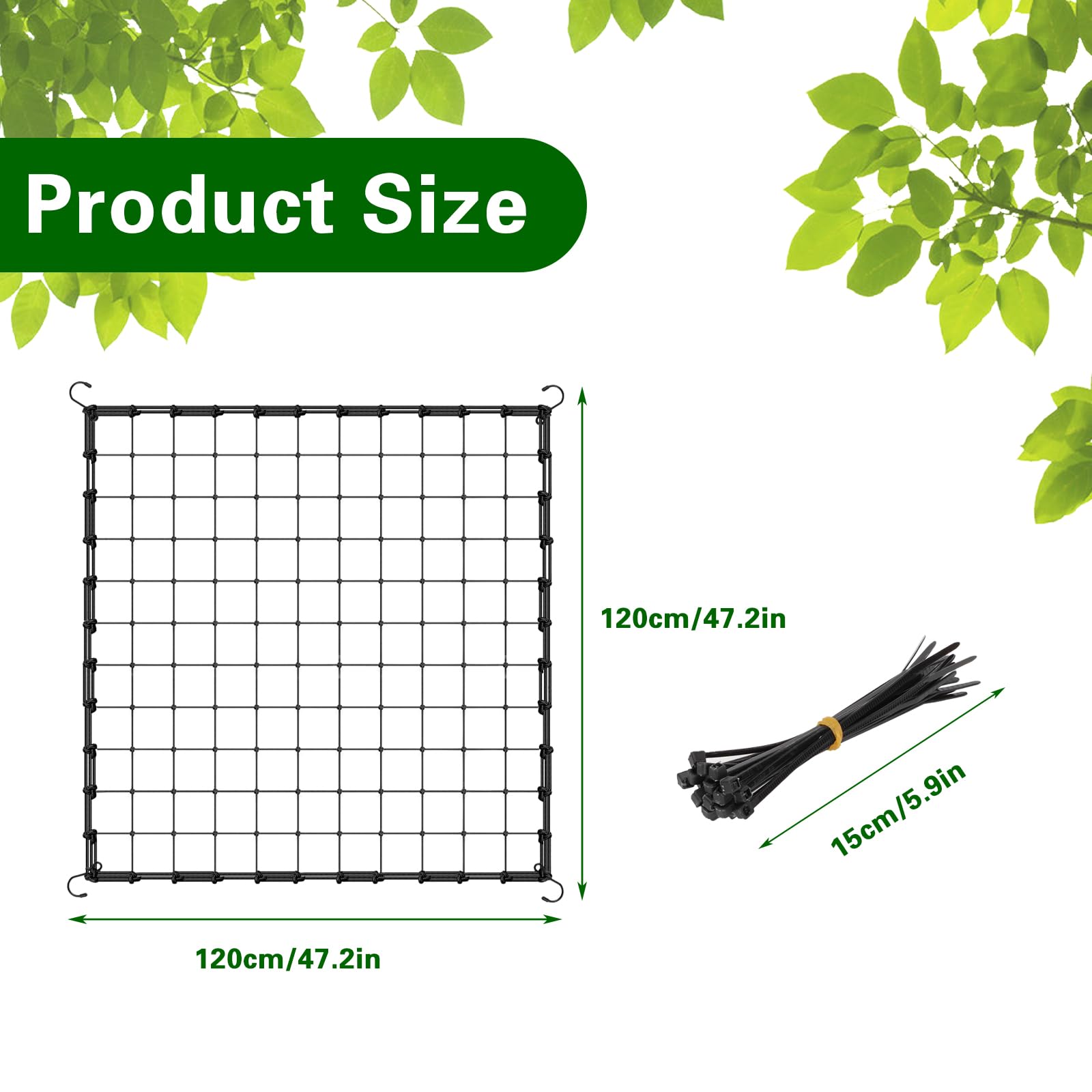 Qivine Grow Tent Net, 2 Pcs Plant Trellis Netting, 4 x4 Ft Elastic Plant Net with Hooks, Elastic Trellis Netting with Ties Support for Climbing Plants, Vegetables, Fruits, Flowers, Vines