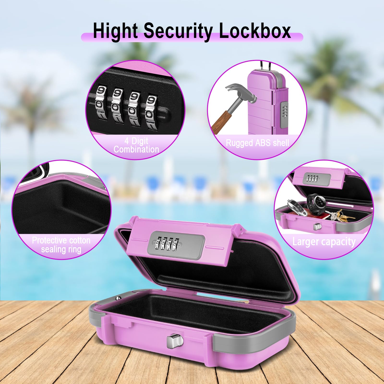 BKNOOU Travel Safe Portable Beach Safe Box Small Combination Safe Anti-Theft Lock Box Safe Waterproof Mini Security Case with Removable Wire Rope Security Box for Home,Office,Hotel,Cars,Travel