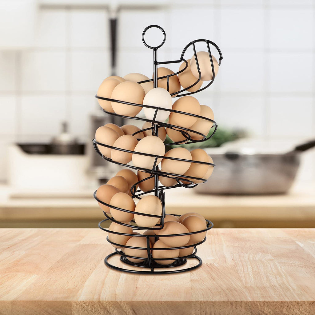 QUTREY Black Metal Egg Skelter, Spiral Design Egg Dispenser Rack Holder with Storage Basket for Countertop, Kitchen