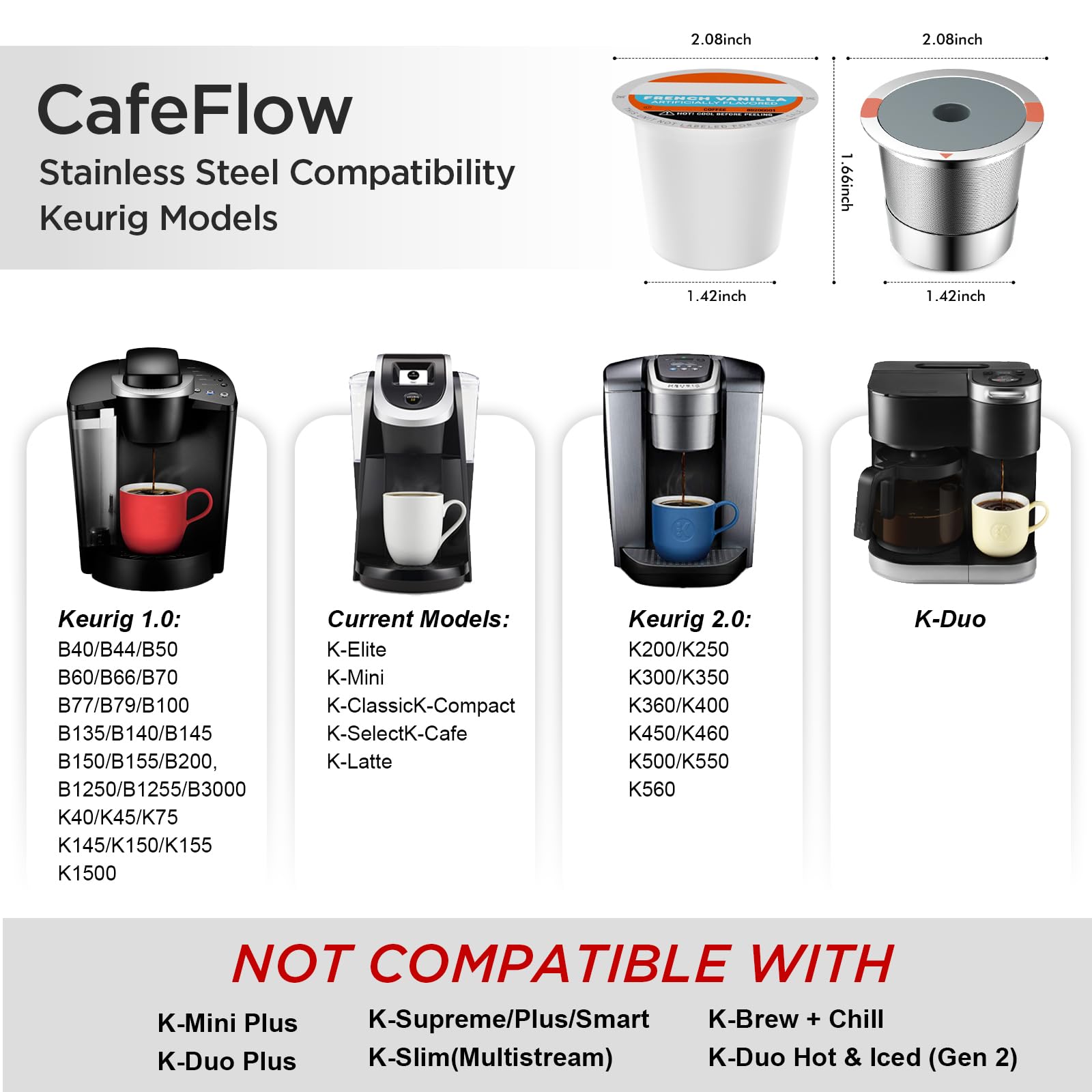 Noalto Reusable K Cups and Coffee Pods,Universal stainless steel k Cups for Keurig 2.0 and 1.0 Coffee Makers machine(2pack)