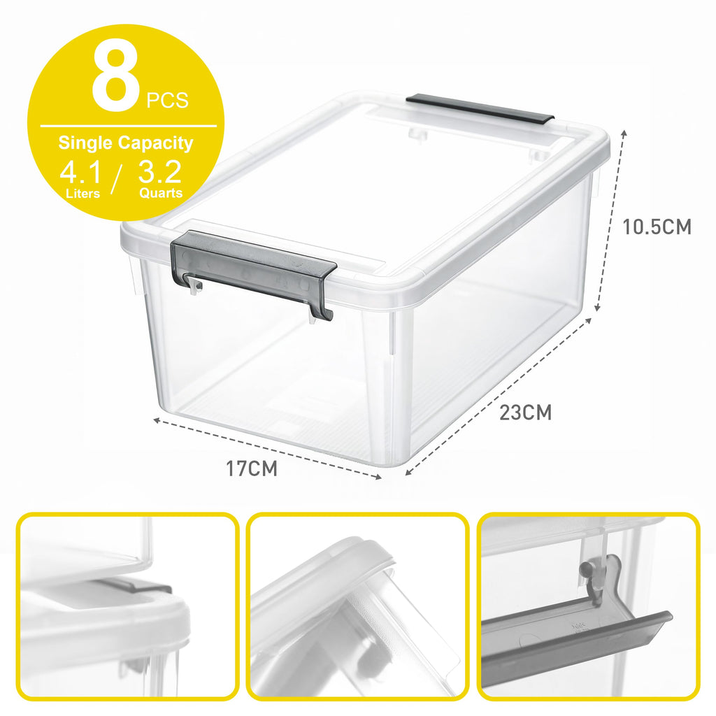 Citylife 8 Packs 3.2 Qt./ 3 L Small Storage Bins with Lids Plastic Storage Containers for Organizing Stackable Clear Storage Boxes Storage case