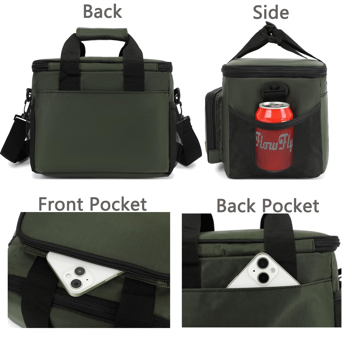 FlowFly Insulated Lunch Bag Adult Lunch Box Large Cooler Tote Bag with Top Handle for Men, Women, with Adjustable Strap,Front Pocket and Dual Large Mesh Side Pockets, ArmyGreen