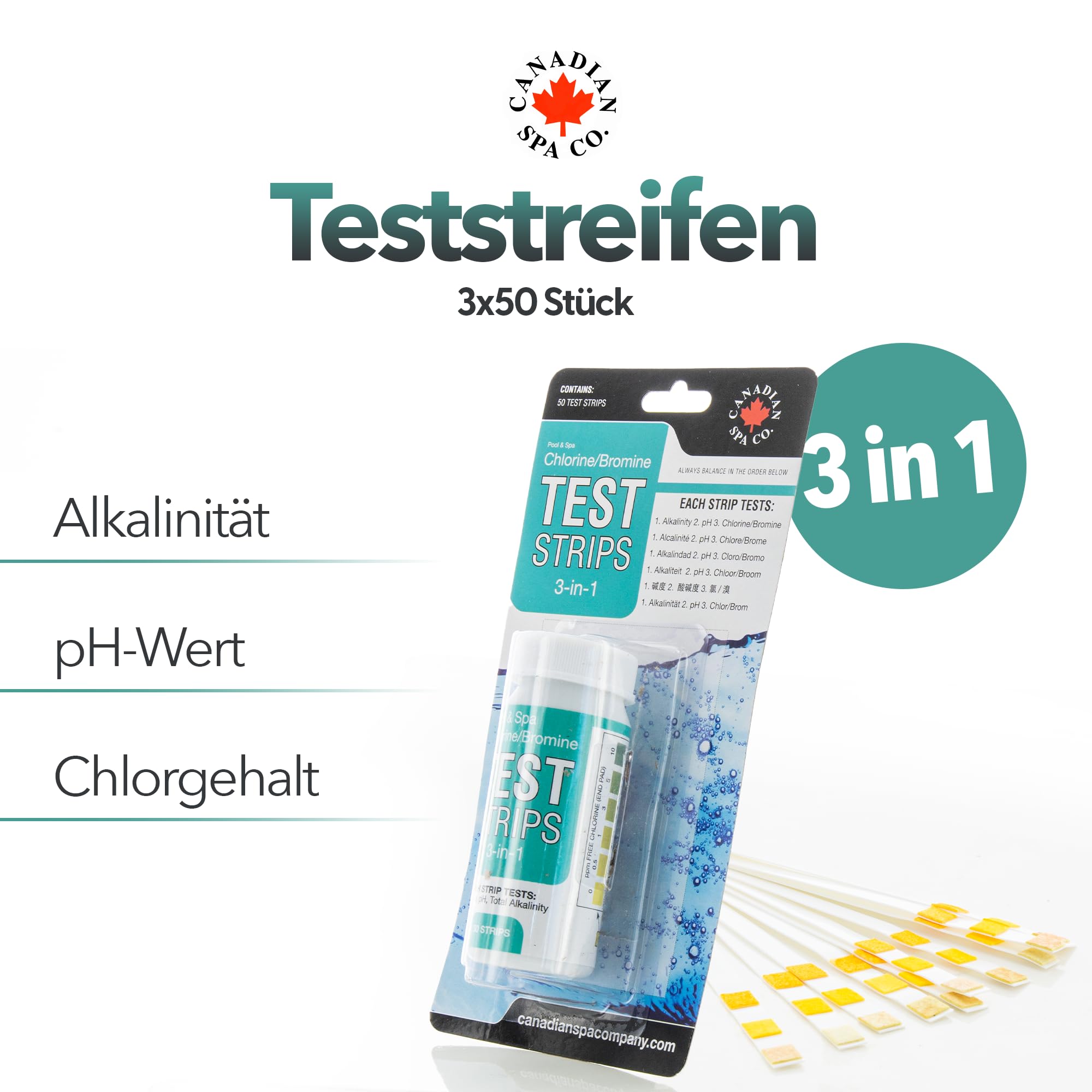 Canadian SPA CO. Hot Tub Test Strips, 150 Strips Pool and Spa Test for pH, Total Alkalinity, Free Chlorine and Bromine, Precise 3 in 1 Pool Water Testing Kit