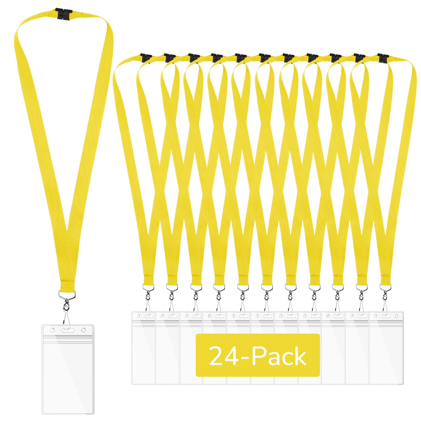 WEZEBEL 24-Pack Yellow Breakaway Lanyards with Waterproof Badge Holders, Metal Hook, Polyester Neck Straps for ID Cards, Events, Office, and Schools